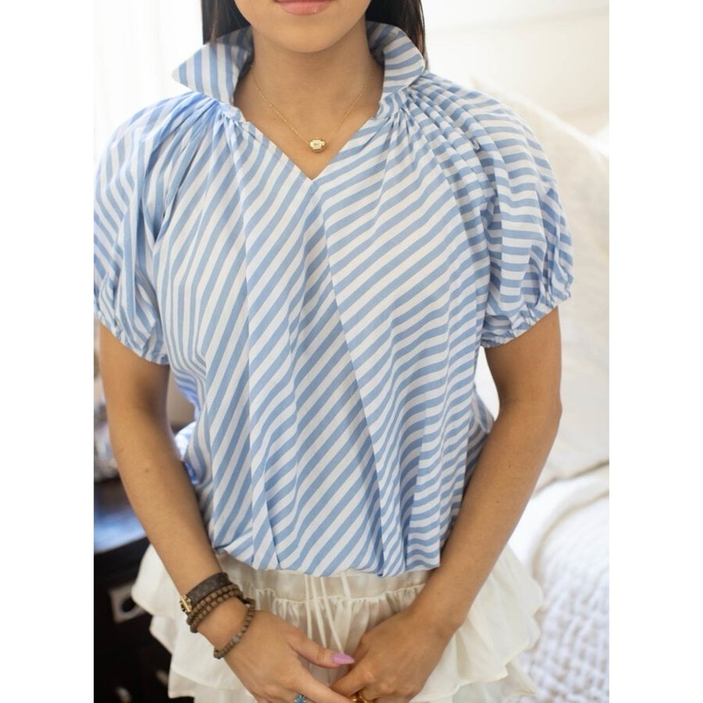 Shug Karen Top Blue White Cotton Striped Blouse NWT Sz S
